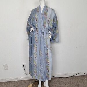 Novica Womens Blue Floral Boho Cottagecore Pockets Belted Batik Robe One Size